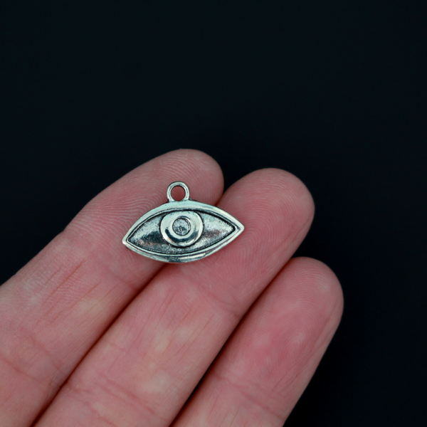 Human eye shaped charms in antiqued silver tone finish, 19mm x 13mm