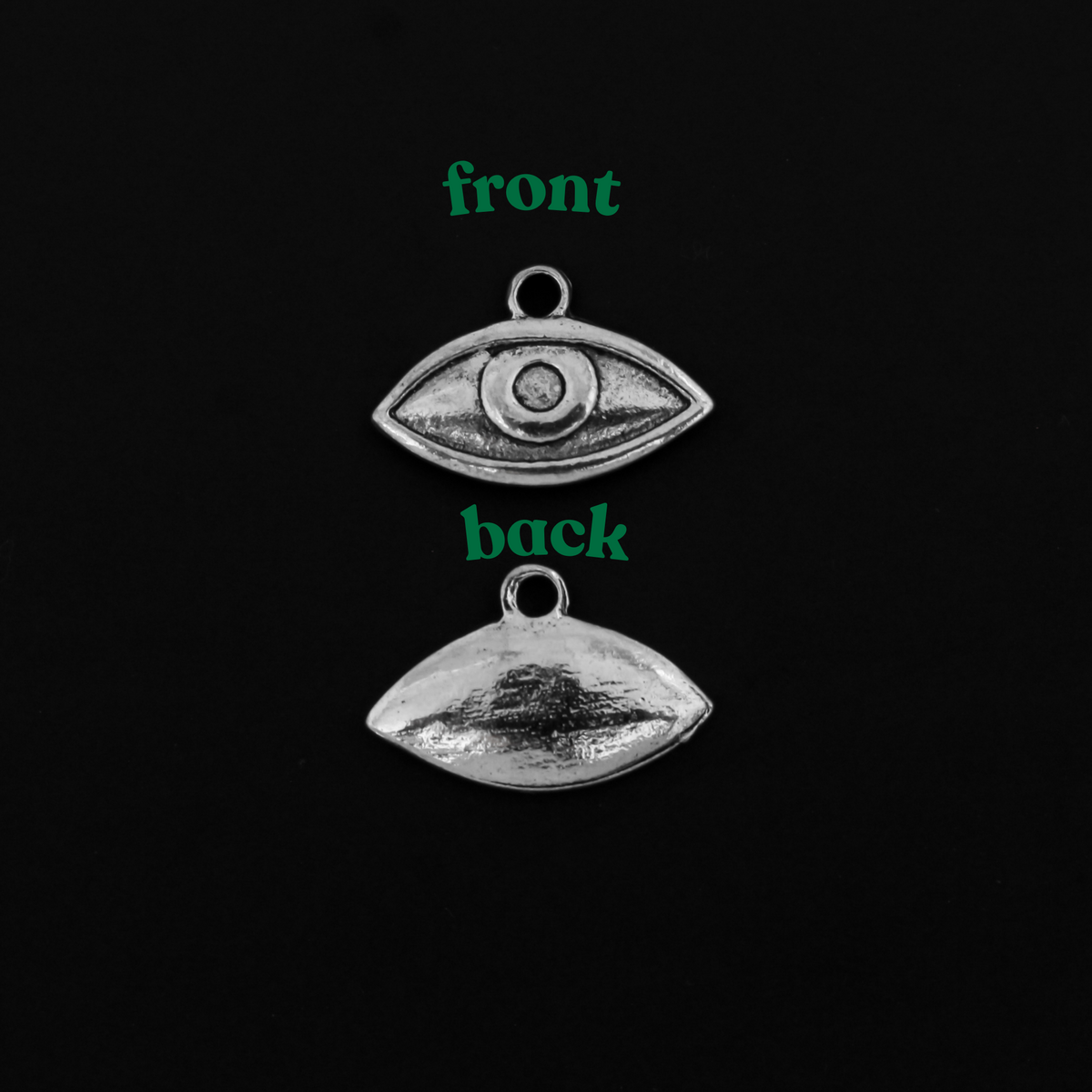 Human eye shaped charms in antiqued silver tone finish, 19mm x 13mm
