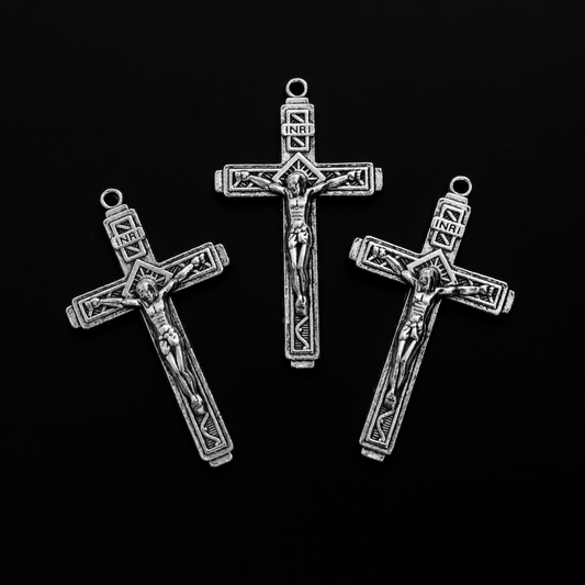 Silver Fatima Crucifix Crosses 2" Long - Sunburst Nimbus and Vine Detail, 3pcs