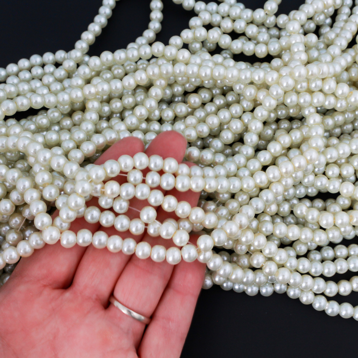 Glass Pearl Bead Strand, 6mm Round Creamy White Beads, about 140pcs/strand