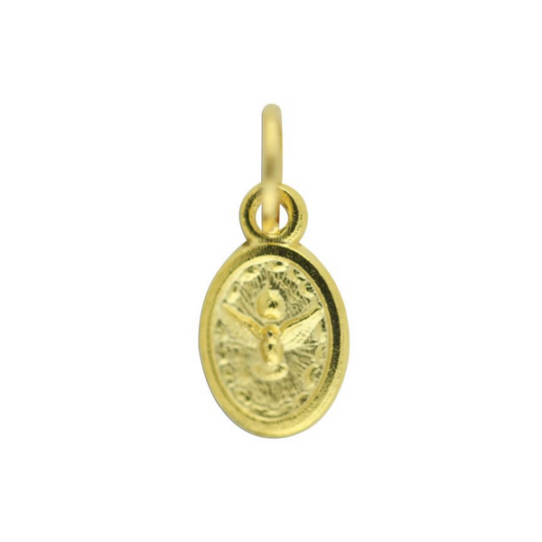 Miniature gold tone medal that depicts the Holy family of Joseph, Mary and Jesus on one side and the Holy Spirit dove depicted on the other sid