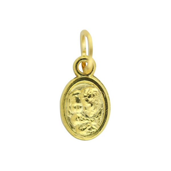Miniature gold tone medal that depicts the Holy family of Joseph, Mary and Jesus on one side and the Holy Spirit dove depicted on the other sid