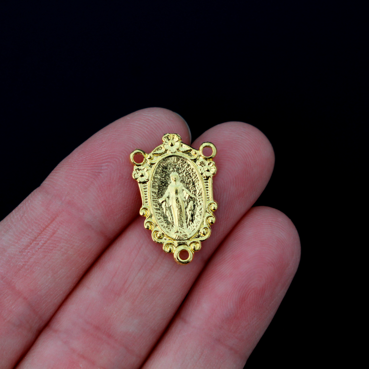 Traditional Miraculous Mary rosary centerpiece. This gold plated centerpiece has gorgeous detail and would be a lovely addition to your next rosary
