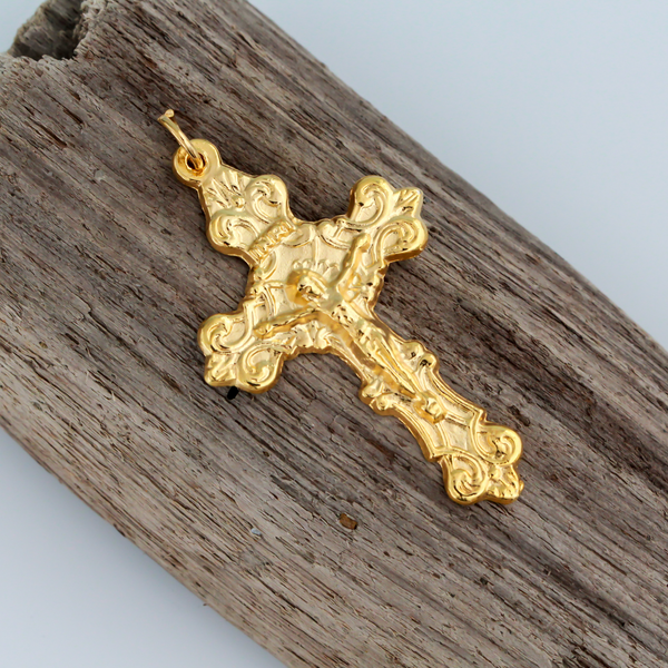 Gold Ornate Fleur-de-Lis Crucifix Cross, 2" Long - Rosary Making Supplies
