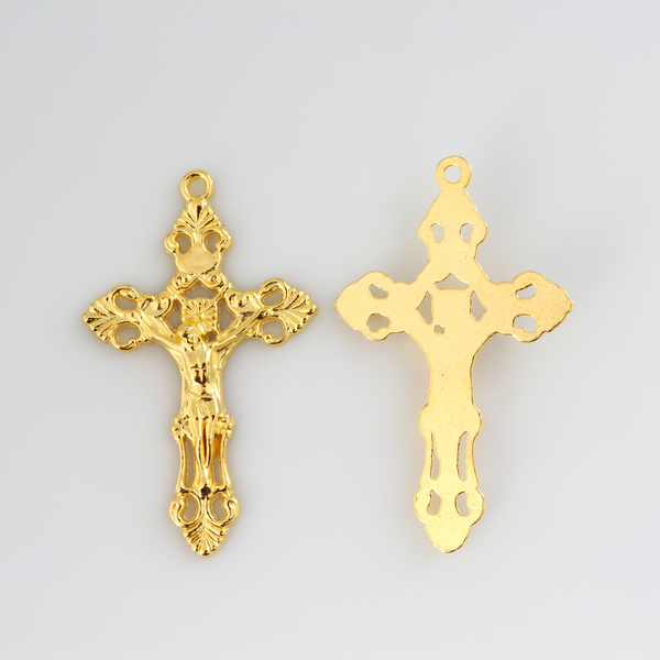 Three ornate fleur de lis crucifix cross in a shiny gold color and filigree cut out design, 2-1/8" long