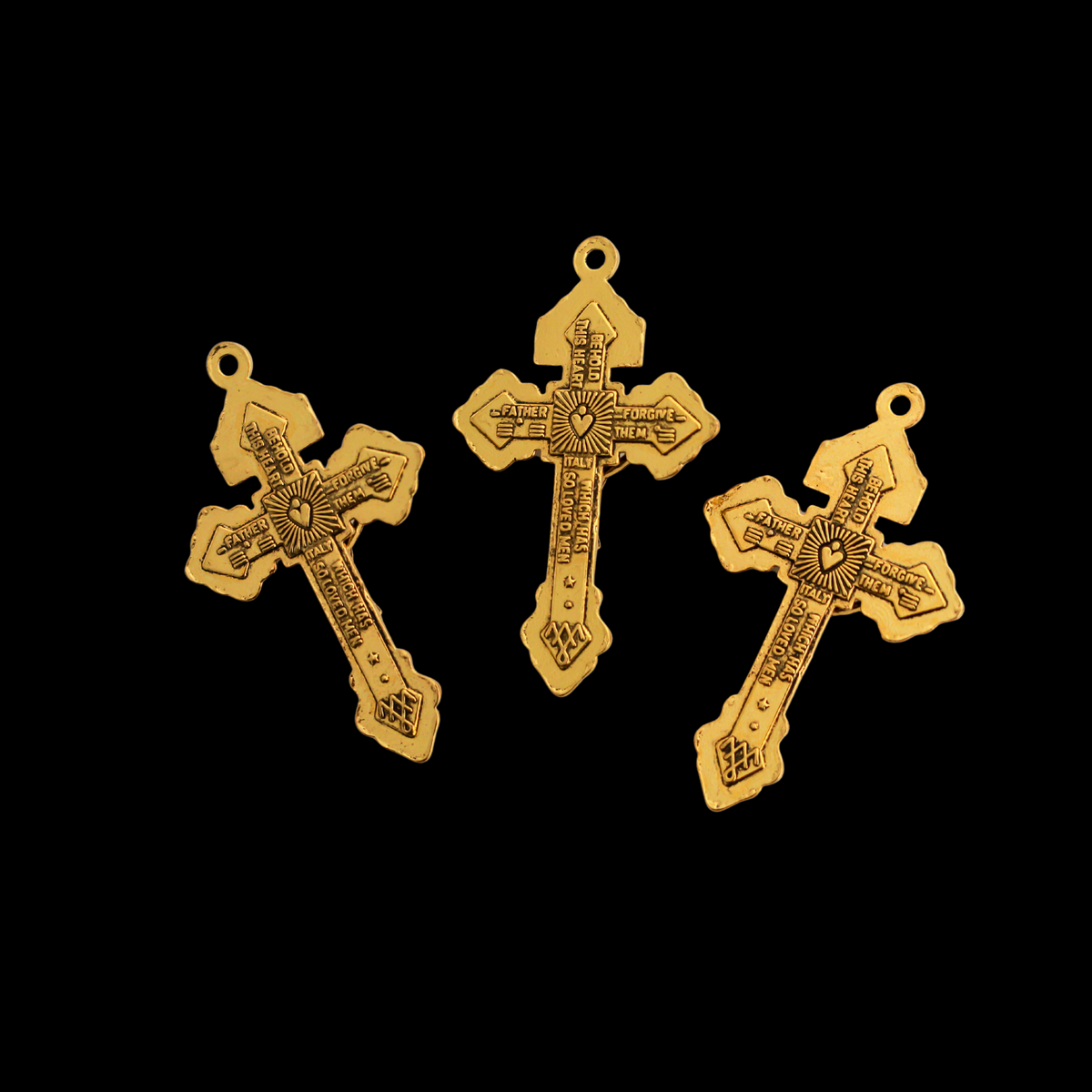 Gold Indulgence Pardon Crucifix 2-1/8" Long - Jesus Nazarenus Rex Judaeorum, 3pcs