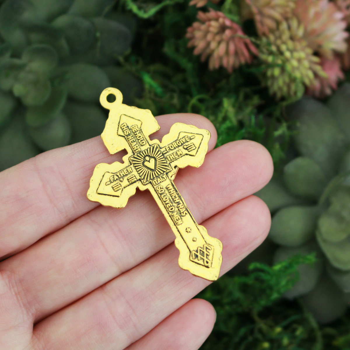 Gold Indulgence Pardon Crucifix 2-1/8" Long - Jesus Nazarenus Rex Judaeorum, 3pcs