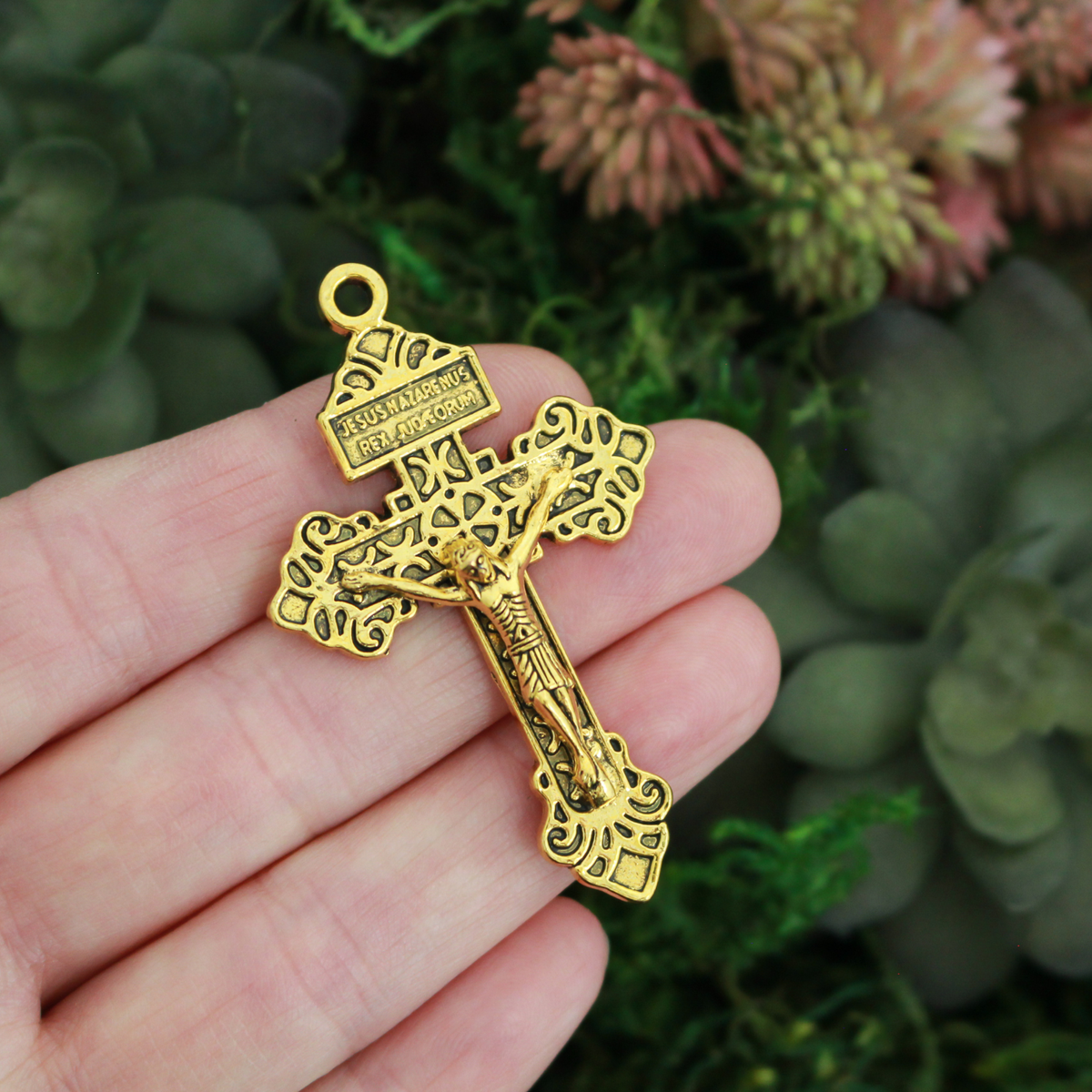Gold Indulgence Pardon Crucifix 2-1/8" Long - Jesus Nazarenus Rex Judaeorum, 3pcs