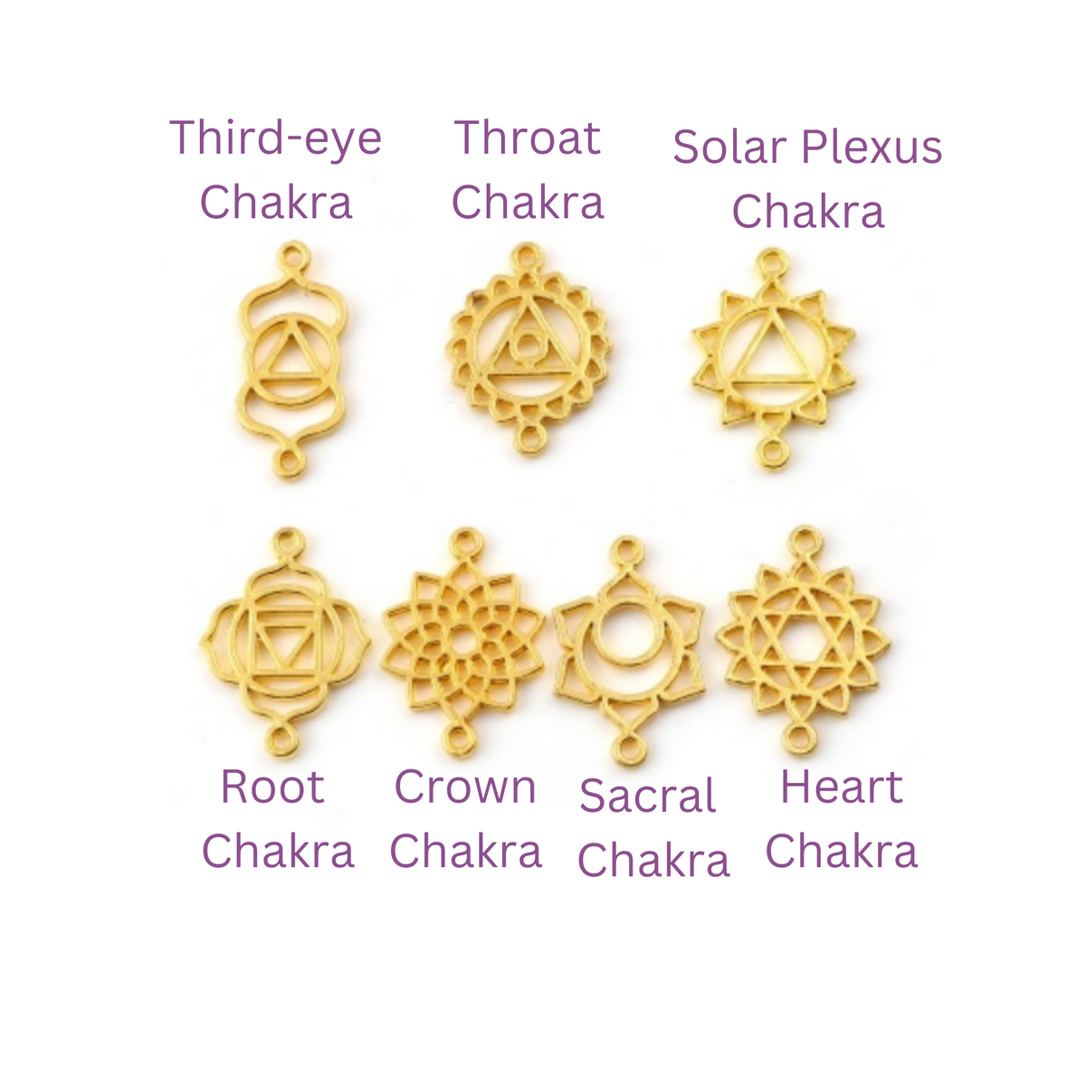Set of seven chakra symbols of the human body. These are connector links with a bail on each end to use as bracelet connectors, etc