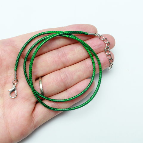 Green wax cord necklace with a lobster clasp and extender chain, 18" long