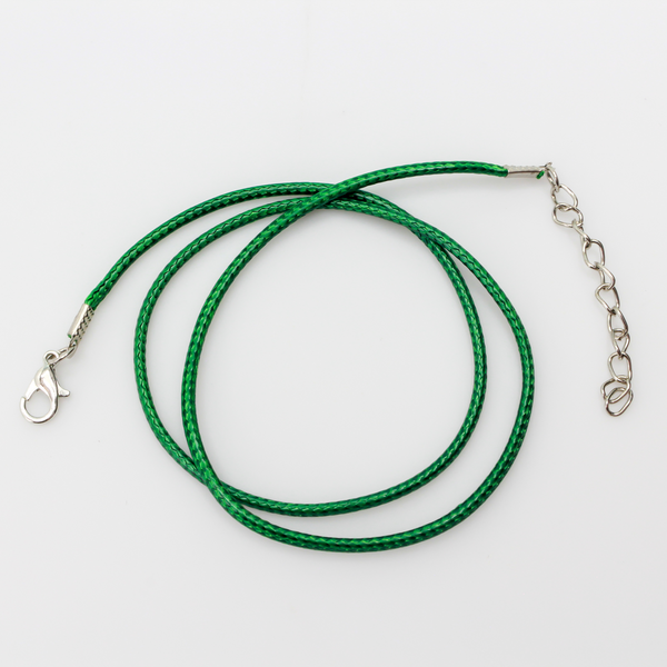 Green wax cord necklace with a lobster clasp and extender chain, 18" long