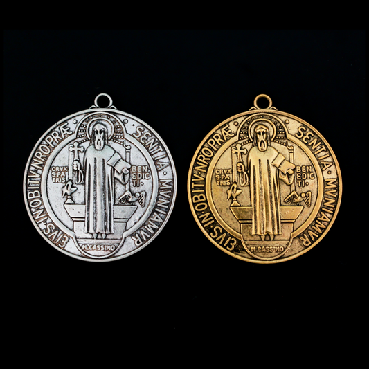 Large Round St. Benedict Medal 2" long - Available in Antique Silver and Antique Gold