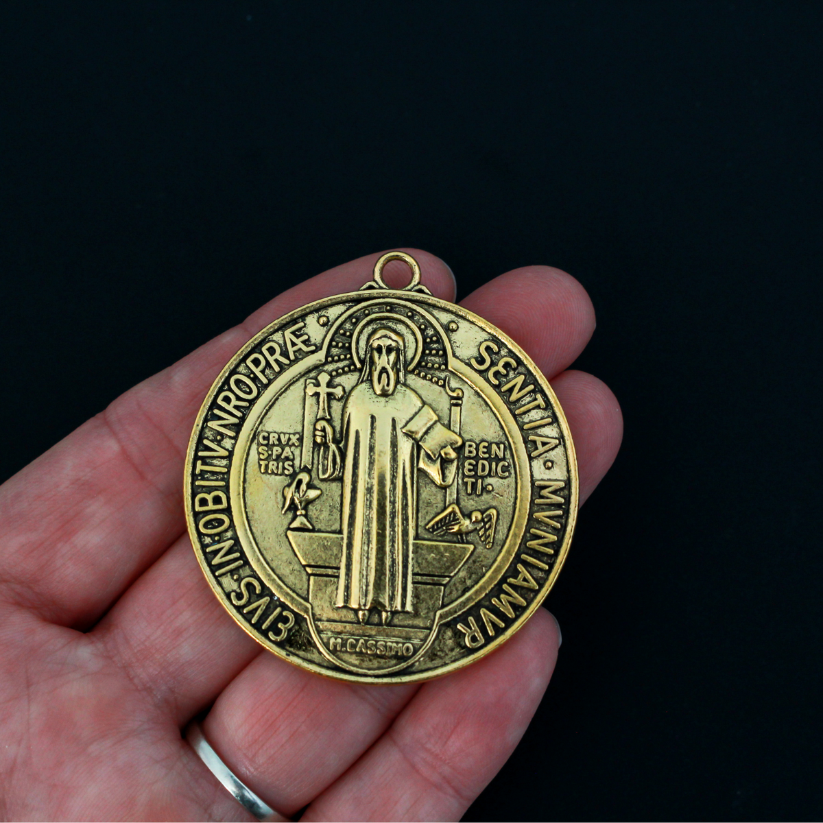 Large Round St. Benedict Medal 2" long - Available in Antique Silver and Antique Gold
