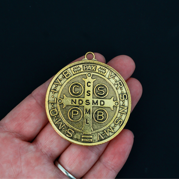 Large Round St. Benedict Medal 2" long - Available in Antique Silver and Antique Gold