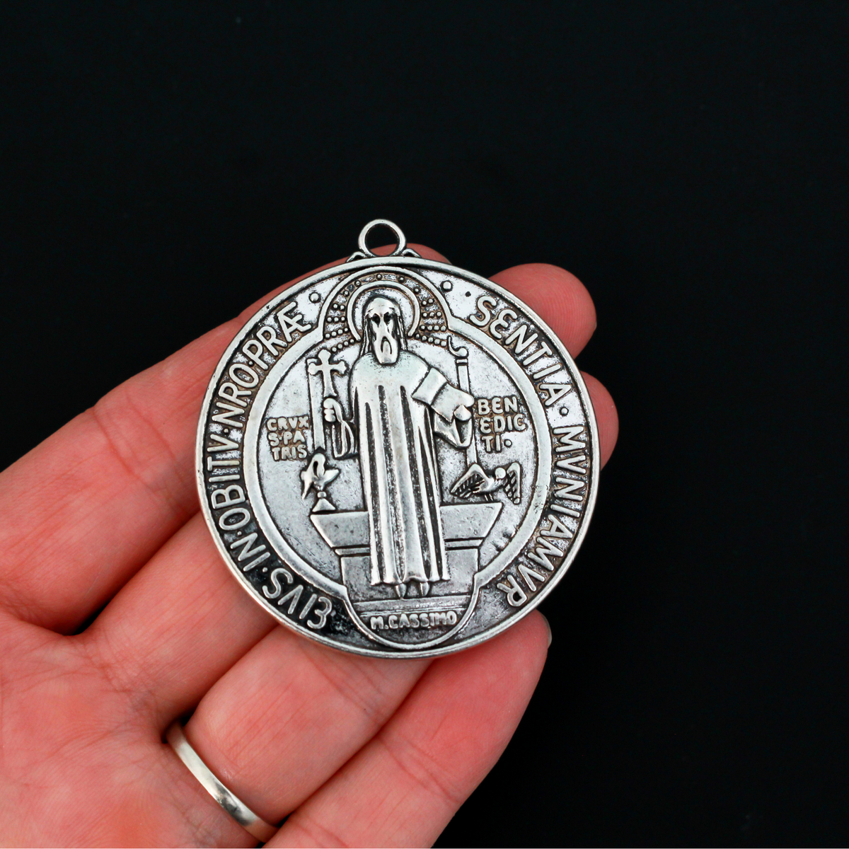 Large Round St. Benedict Medal 2" long - Available in Antique Silver and Antique Gold