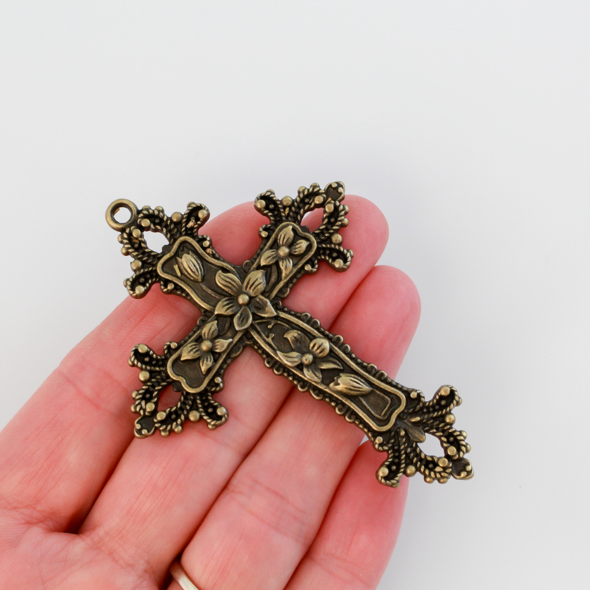 Large Bronze Floral Cross Pendant Victorian Style with Lilies and Fleur de Lis Design - 73mm long
