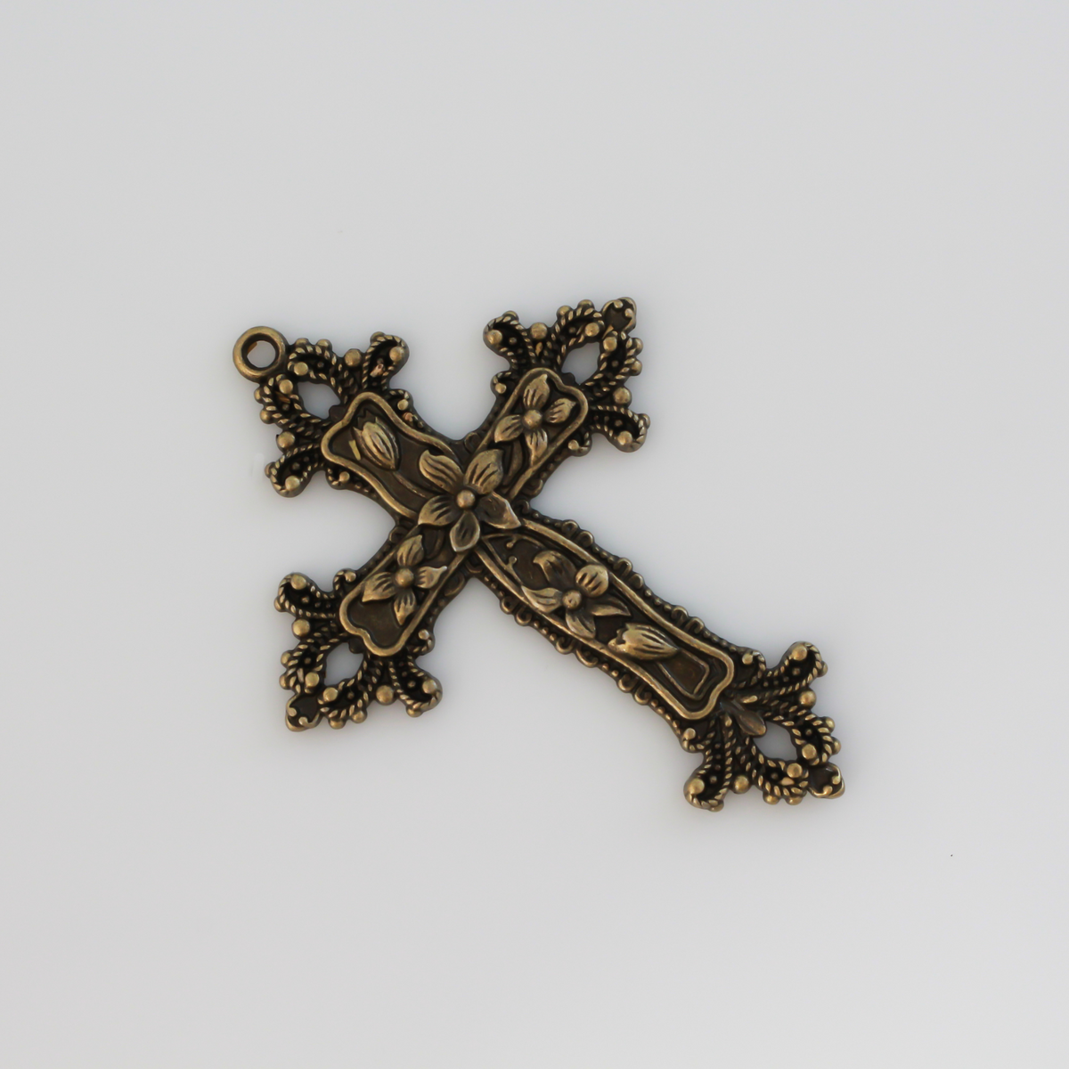 Large Bronze Floral Cross Pendant Victorian Style with Lilies and Fleur de Lis Design - 73mm long