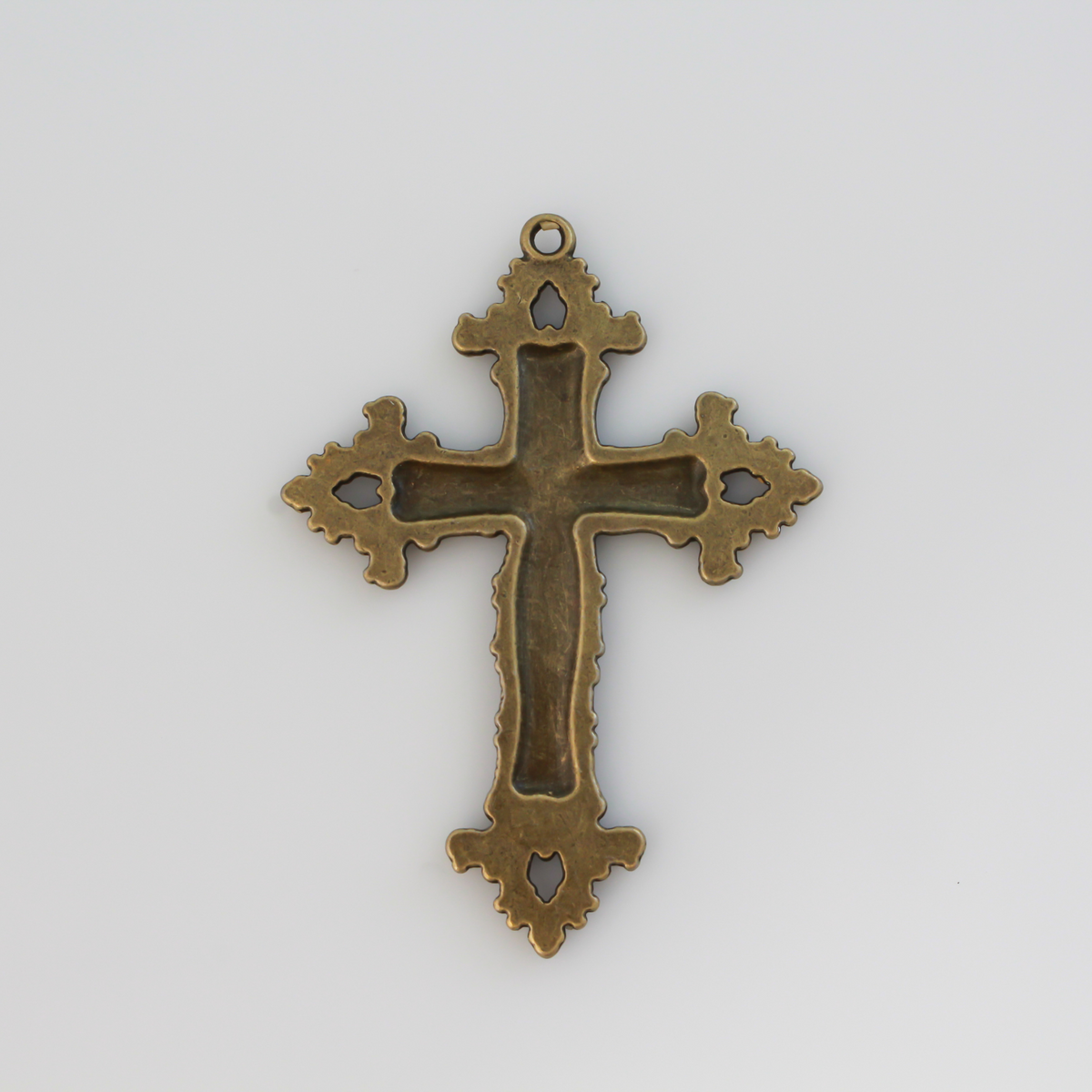 Large Bronze Floral Cross Pendant Victorian Style with Lilies and Fleur de Lis Design - 73mm long