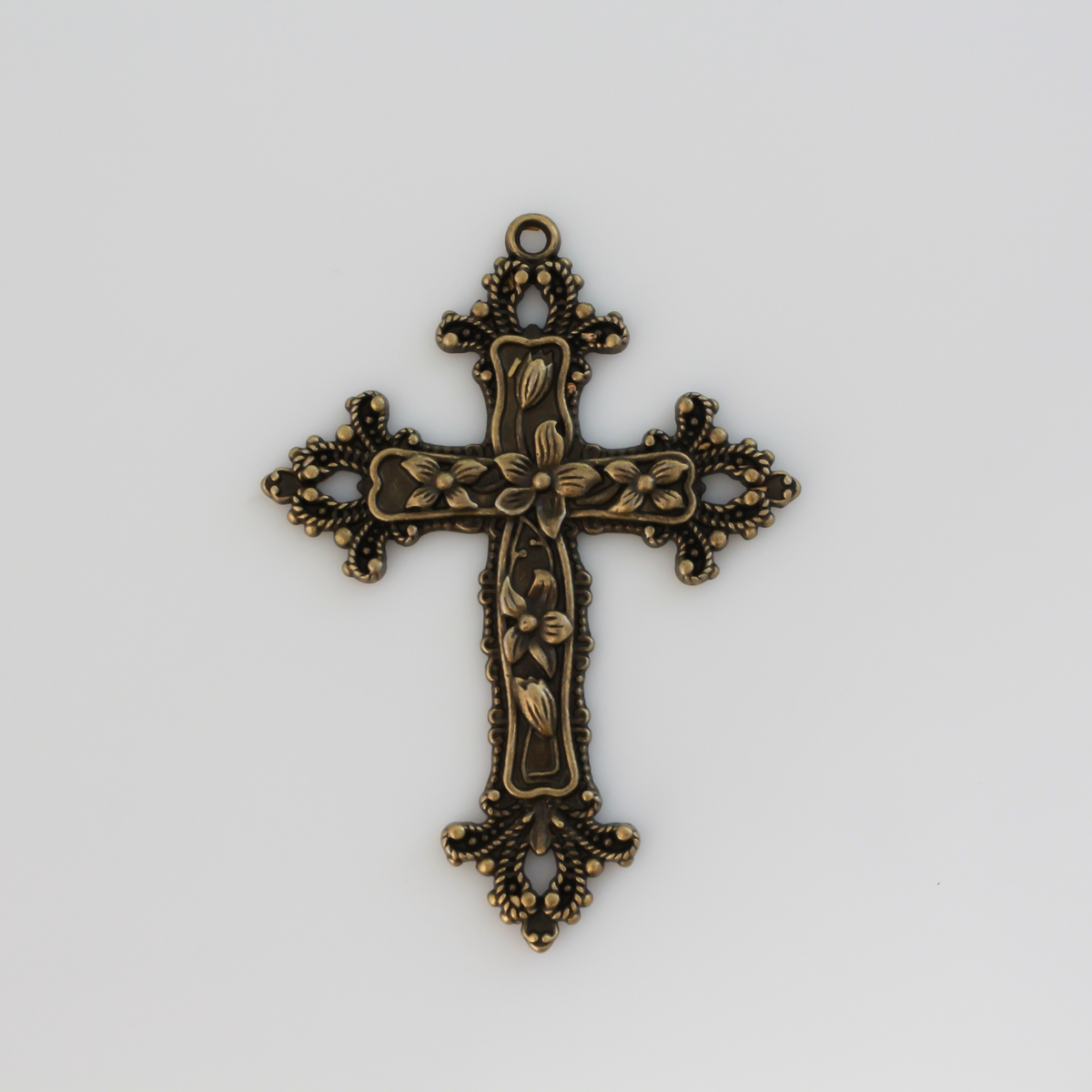 Large Bronze Floral Cross Pendant Victorian Style with Lilies and Fleur de Lis Design - 73mm long