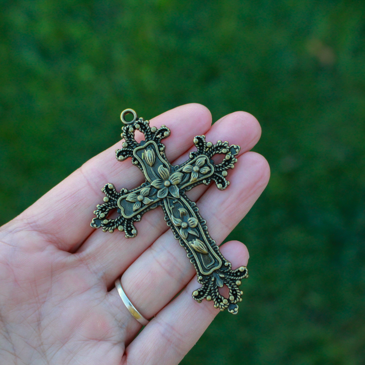 Large Bronze Floral Cross Pendant Victorian Style with Lilies and Fleur de Lis Design - 73mm long