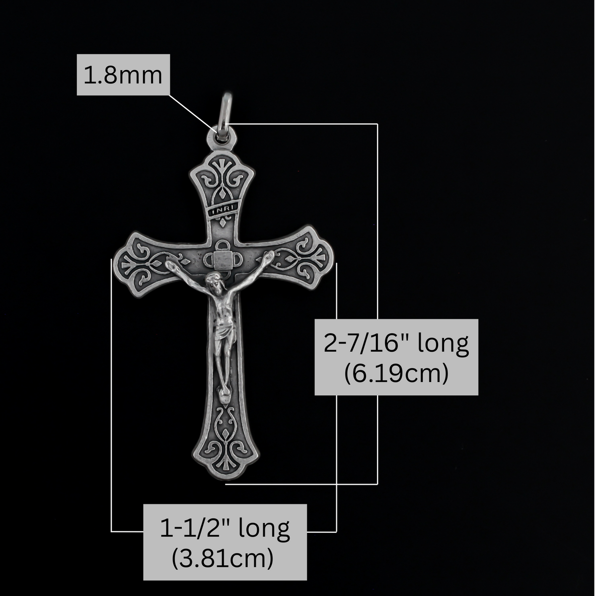 Large ornate crucifix with flared edges. Beautiful raised relief scroll work pattern on the bars of the cross.