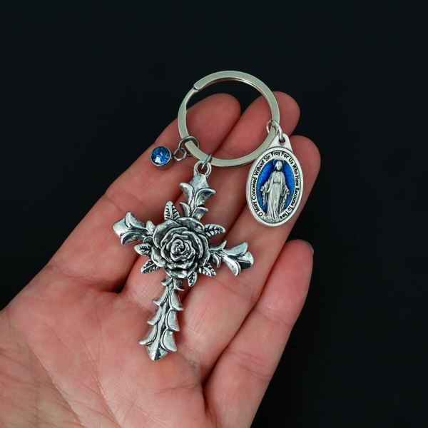 Blue Miraculous Medal Keyring with Large Cross Charm with Rose Detail