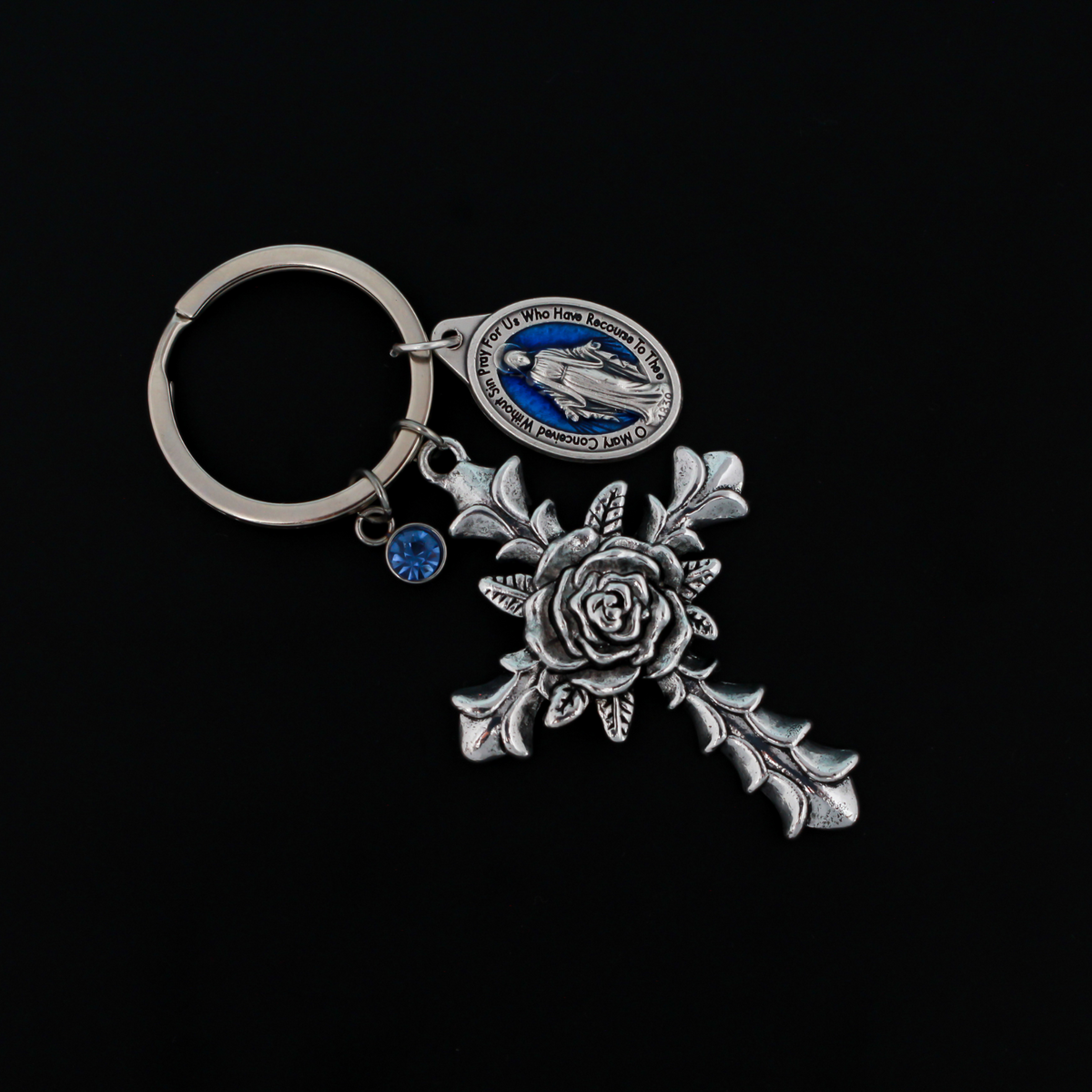 Blue Miraculous Medal Keyring with Large Cross Charm with Rose Detail