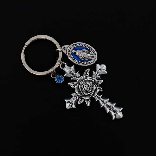 Blue Miraculous Medal Keyring with Large Cross Charm with Rose Detail
