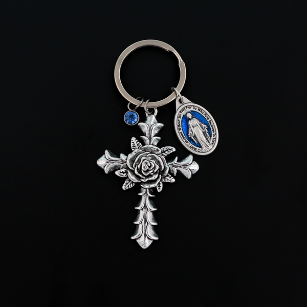 Blue Miraculous Medal Keyring with Large Cross Charm with Rose Detail