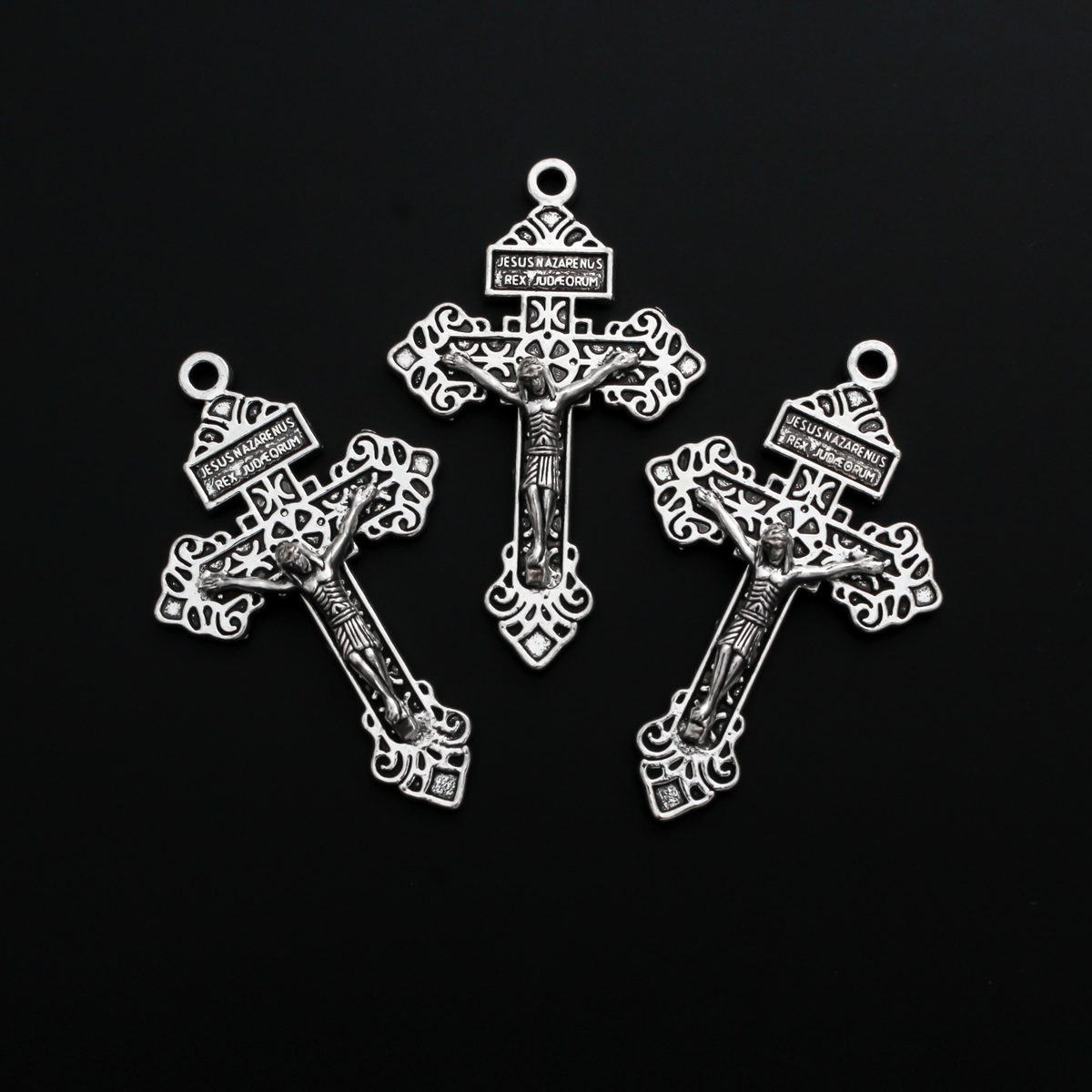 Silver Indulgence Pardon Crucifix 2-1/8" Long - Jesus Nazarenus Rex Judaeorum, 3pcs