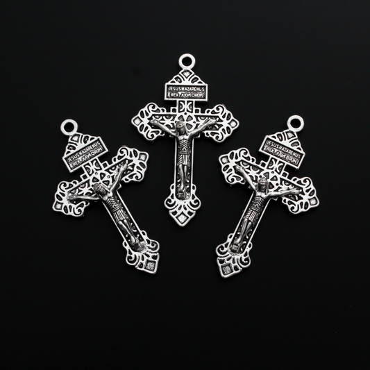 Silver Indulgence Pardon Crucifix 2-1/8" Long - Jesus Nazarenus Rex Judaeorum, 3pcs