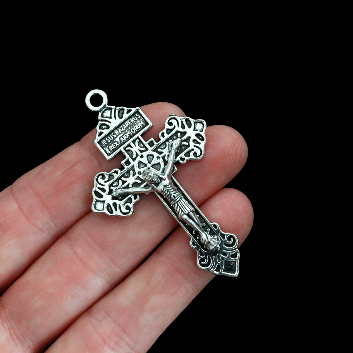 Silver Indulgence Pardon Crucifix 2-1/8" Long - Jesus Nazarenus Rex Judaeorum, 3pcs