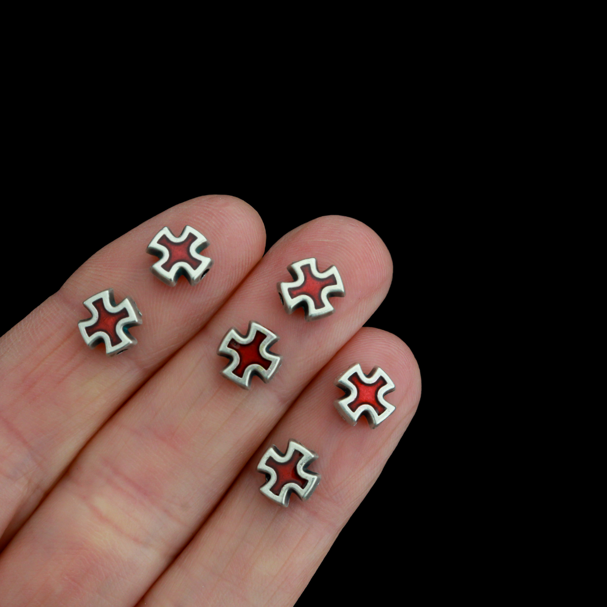 Cross Shaped Metal Spacer Beads with Red Enamel Accent, 8mmx8mm, 6pcs