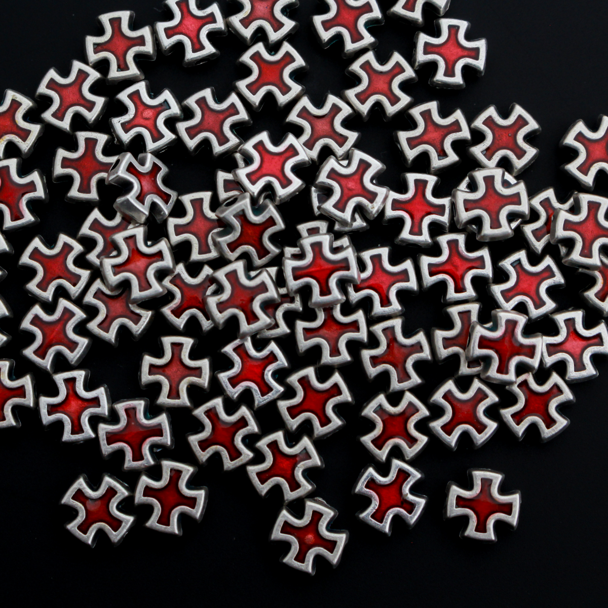 Cross Shaped Metal Spacer Beads with Red Enamel Accent, 8mmx8mm, 6pcs