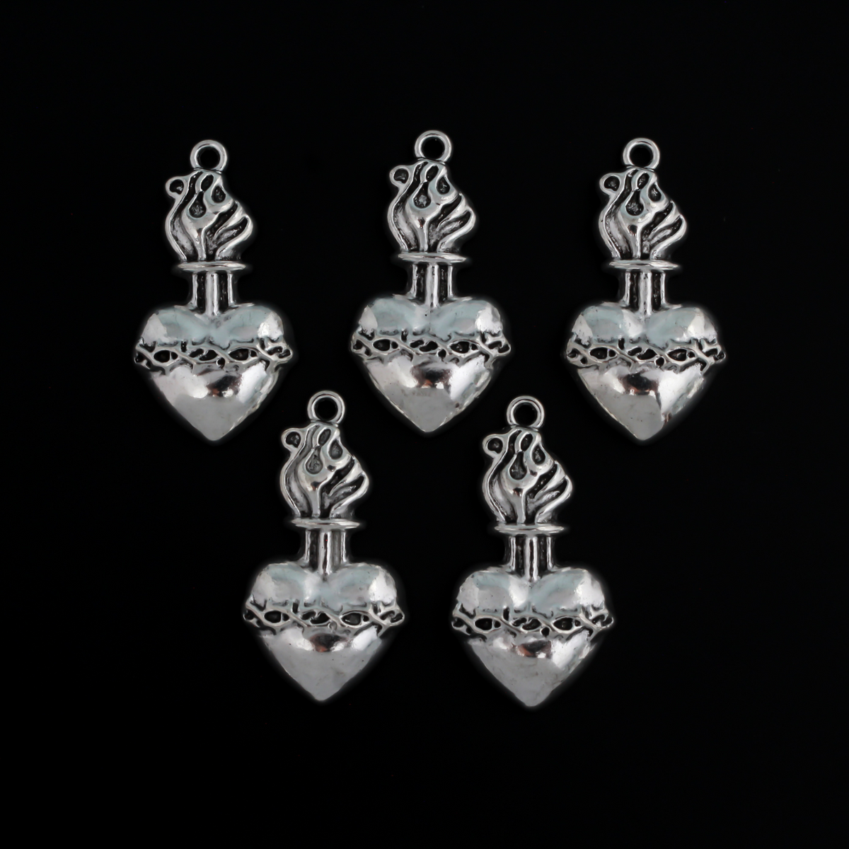 35mm long sacred heart ex voto pendant in antiqued silver tone finish