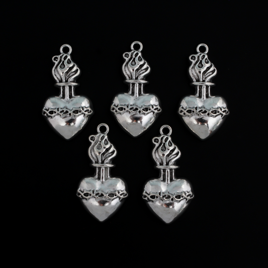 35mm long sacred heart ex voto pendant in antiqued silver tone finish