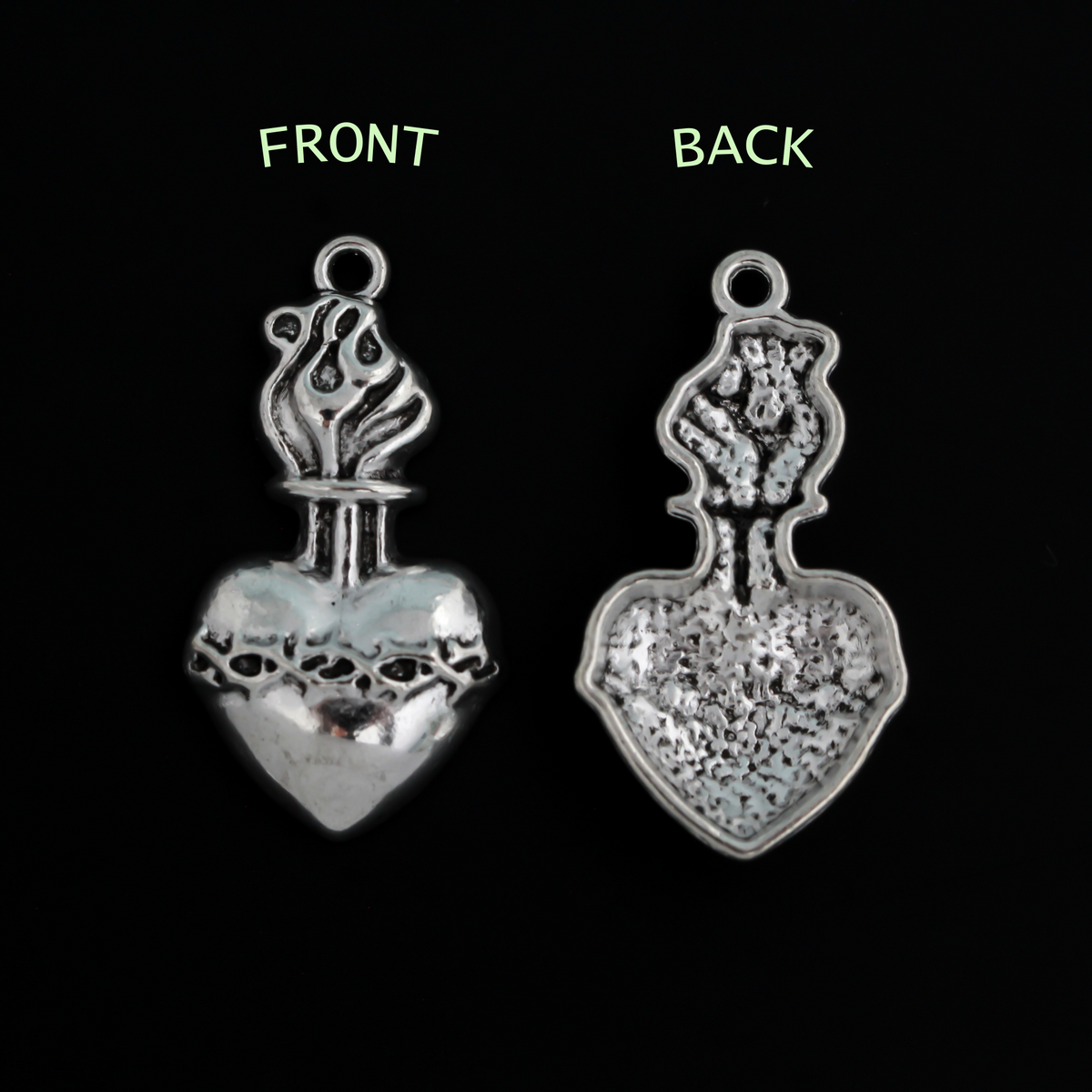 35mm long sacred heart ex voto pendant in antiqued silver tone finish