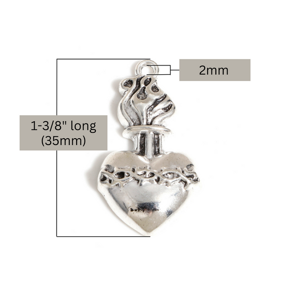 35mm long sacred heart ex voto pendant in antiqued silver tone finish