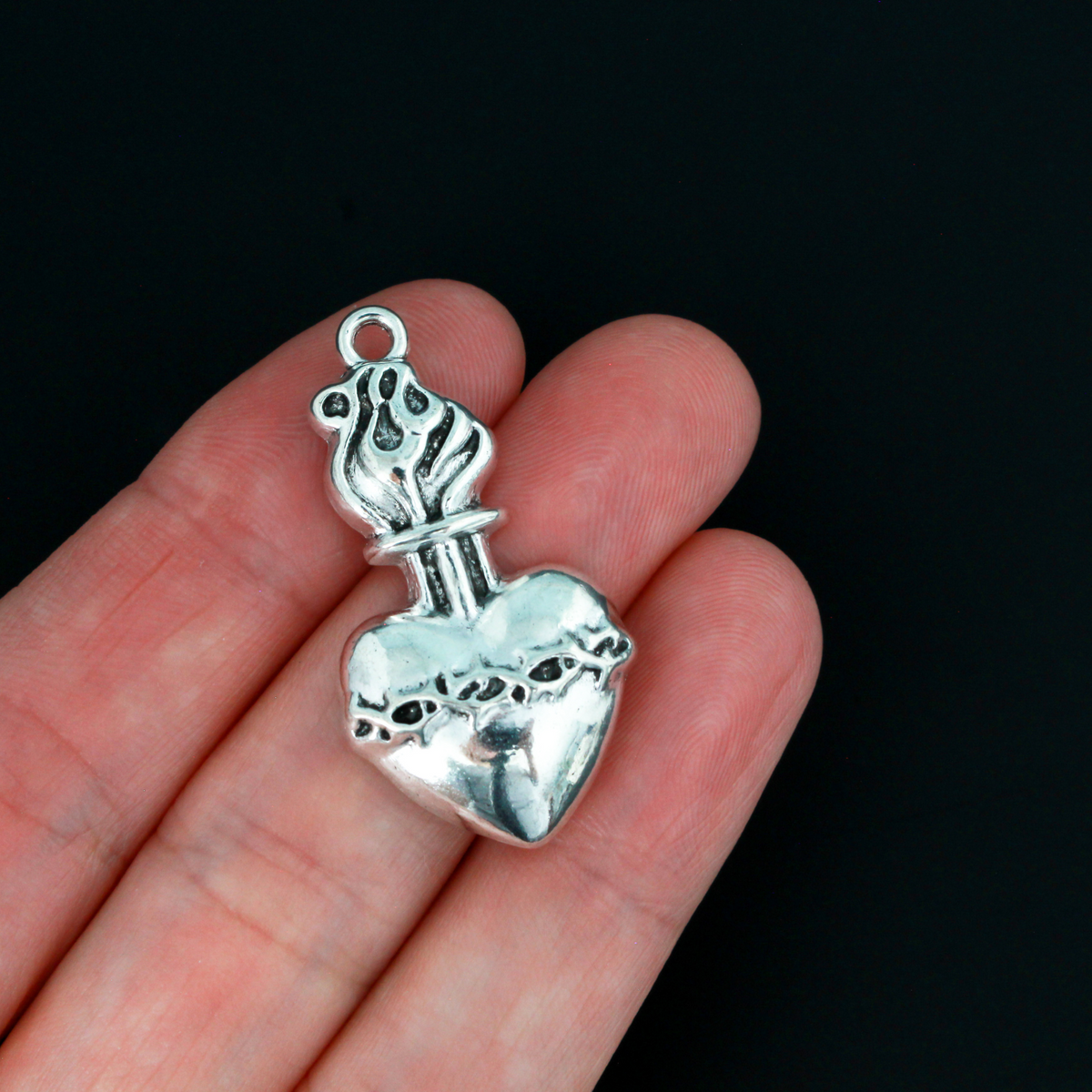 35mm long sacred heart ex voto pendant in antiqued silver tone finish