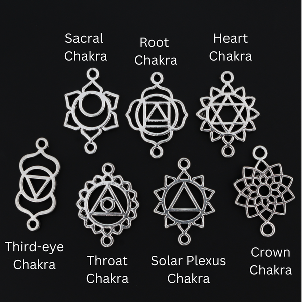 Set of seven chakra symbols of the human body. These are connector links with a bail on each end to use as bracelet connectors, etc
