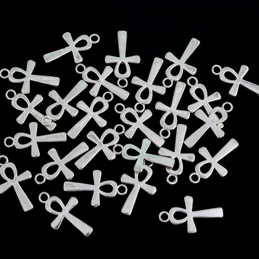 Egyptian Ankh cross charms that are a zinc alloy base with a shiny silver plating