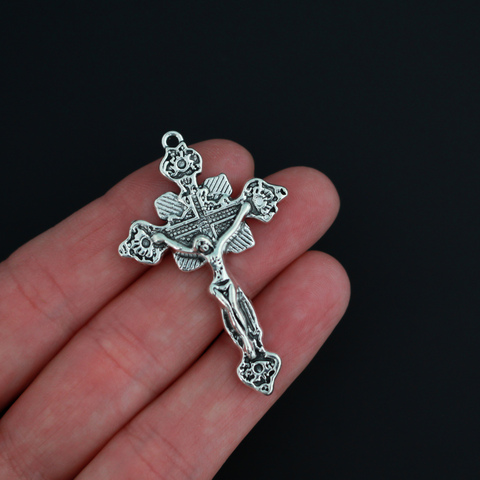 Ornate crucifix crosses in an antiqued silver color