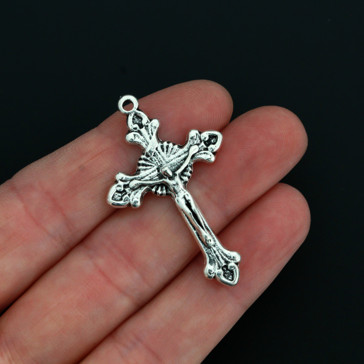 Silver Starburst Nimbus Crucifix Cross with Fleur de Lis Ends 1-5/8" Long, 5pcs