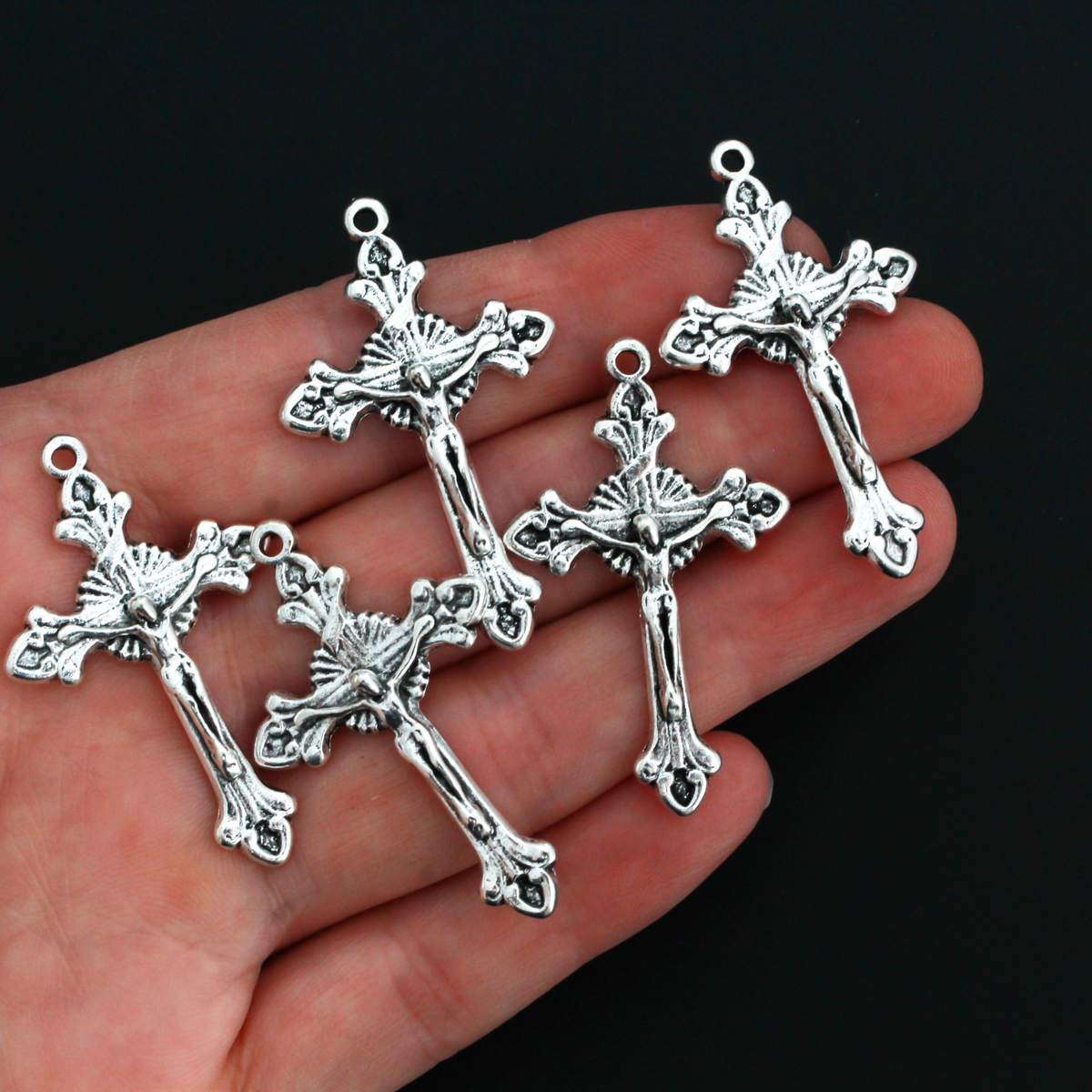 Silver Starburst Nimbus Crucifix Cross with Fleur de Lis Ends 1-5/8" Long, 5pcs