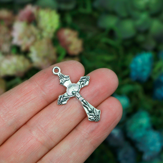 Silver Crucifix Crosses with Grapes and Leaves Detailing, 32mm Long - 10pcs
