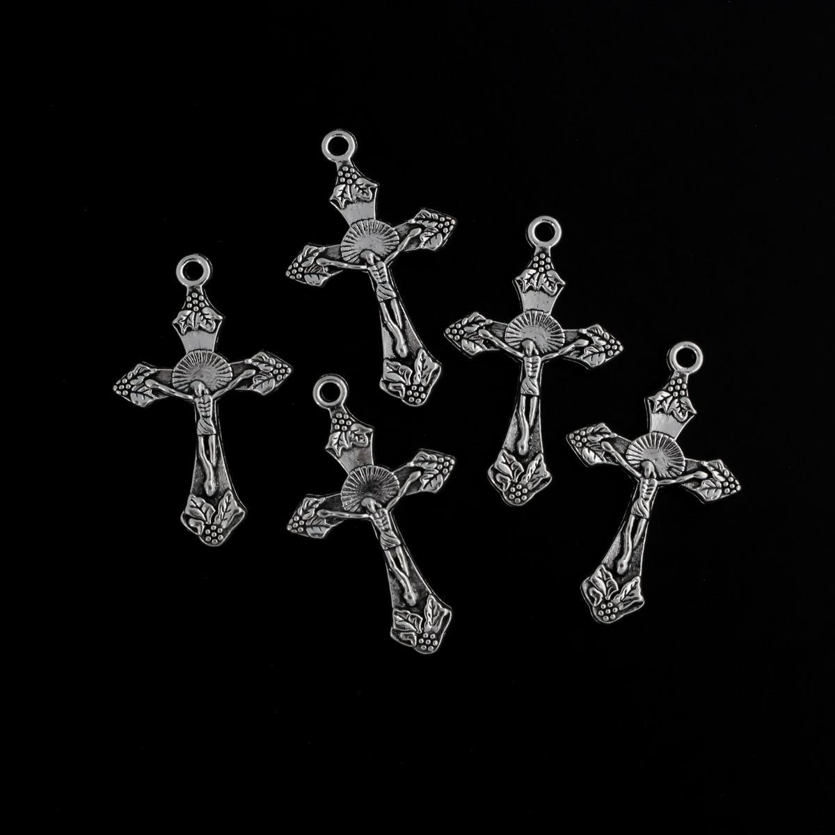 Silver Crucifix Crosses with Grapes and Leaves Detailing, 32mm Long - 10pcs