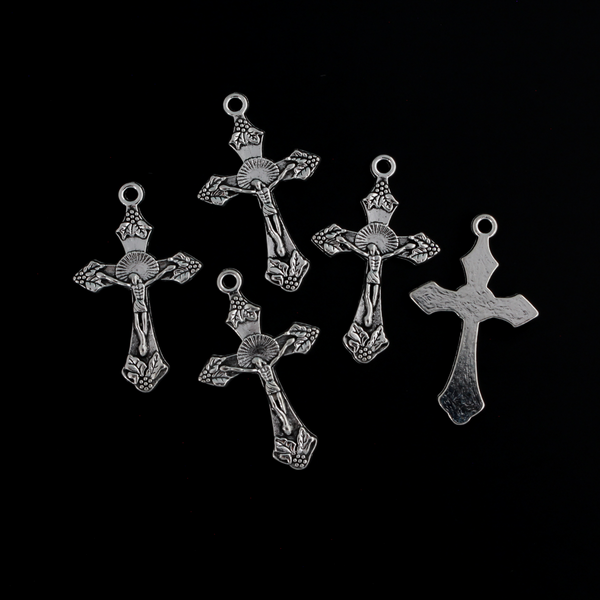 Silver Crucifix Crosses with Grapes and Leaves Detailing, 32mm Long - 10pcs