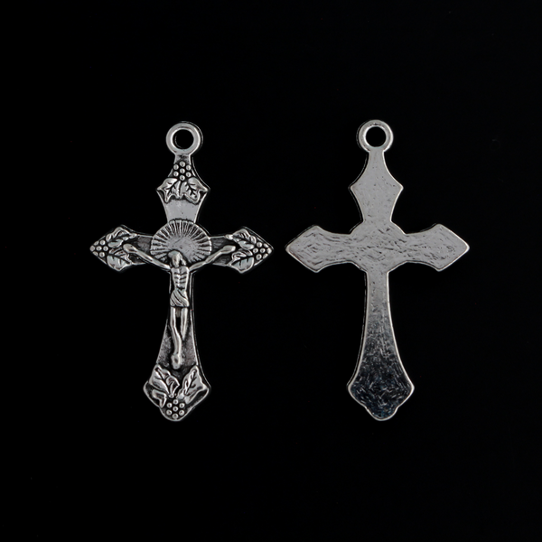 Silver Crucifix Crosses with Grapes and Leaves Detailing, 32mm Long - 10pcs
