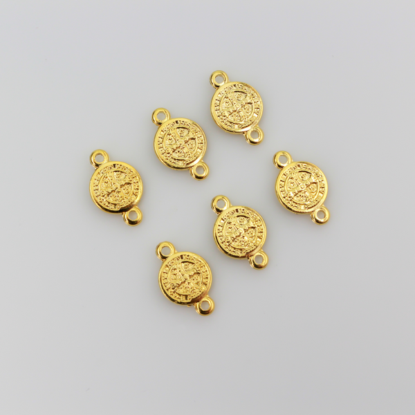 Saint Benedict Medal round flat connector links that are a shiny gold color and are handcrafted in Italy