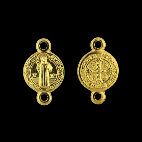Saint Benedict Medal round flat connector links that are a shiny gold color and are handcrafted in Italy